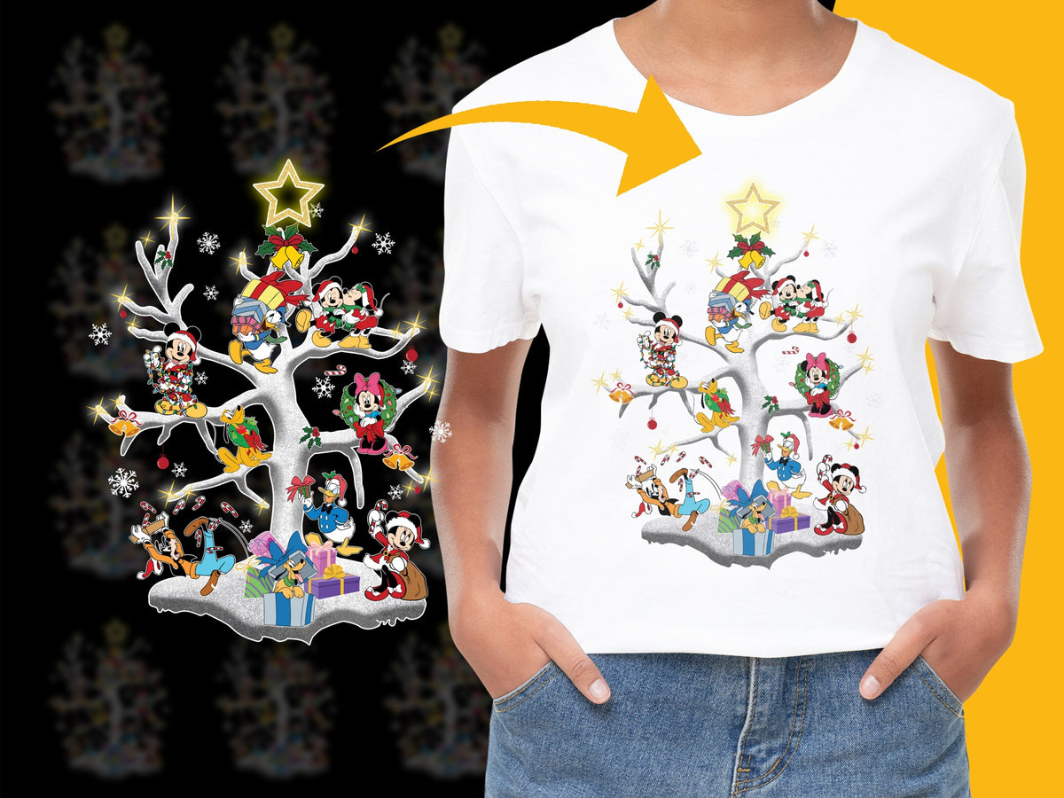 Festive Holiday T-Shirt with Colorful Cartoon Characters, Christmas Tree Design, Kids and Adults Sizes Available