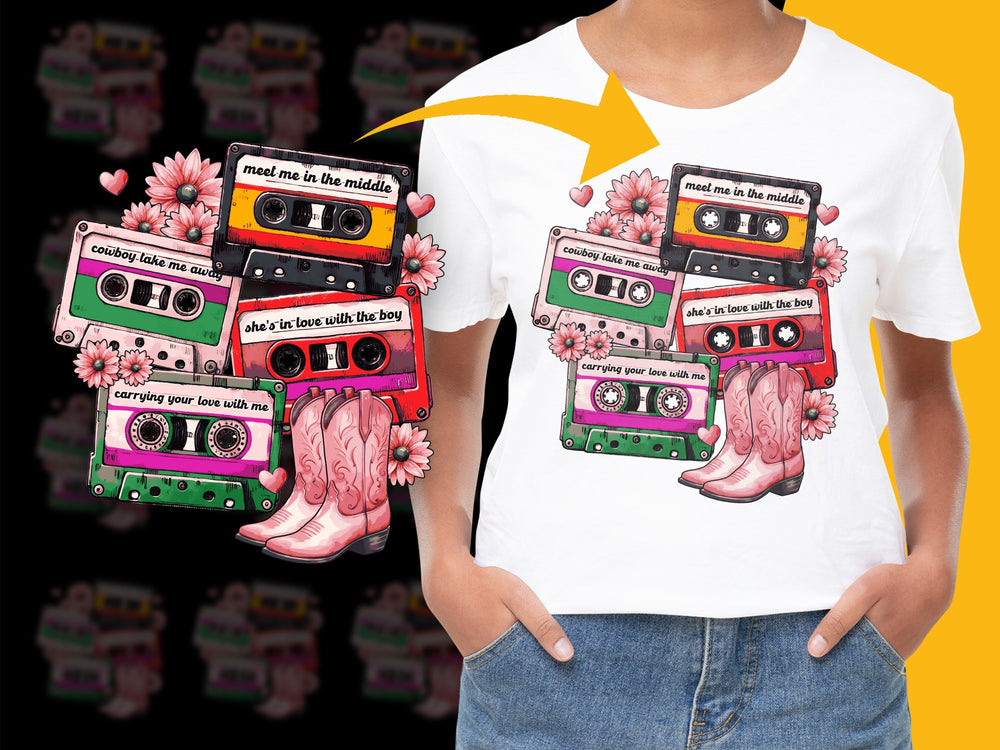 Retro Mixtape Cowboy Boots Graphic T-Shirt Vintage Style Music Floral Design Unisex Tee