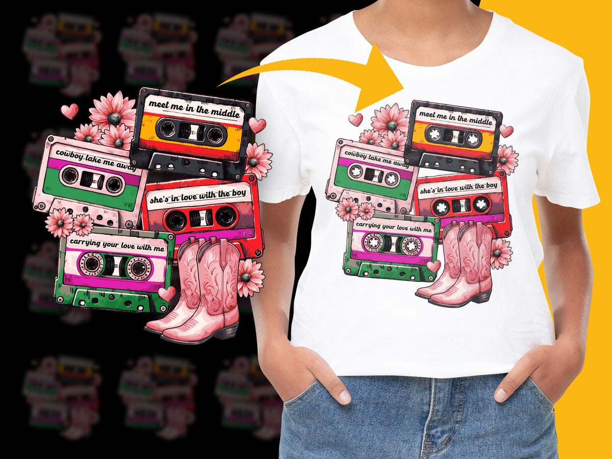 Retro Mixtape Cowboy Boots Graphic T-Shirt Vintage Style Music Floral Design Unisex Tee