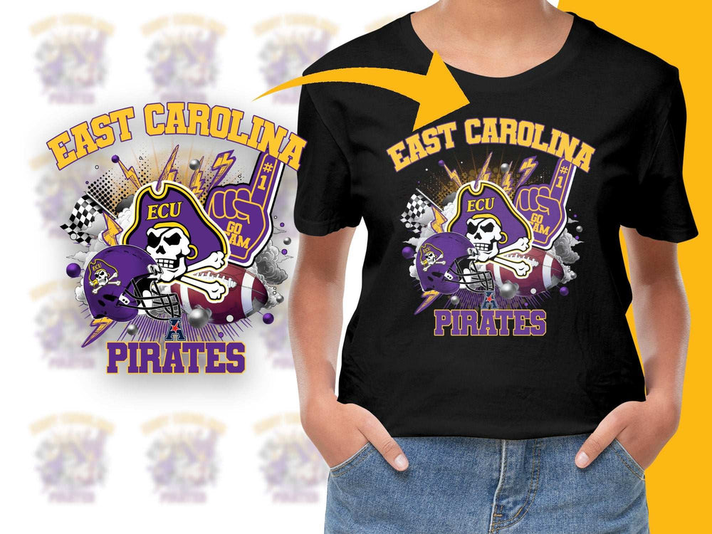 East Carolina Pirates T-Shirt, ECU Skull Graphic, College Sports Tee, Purple and Gold