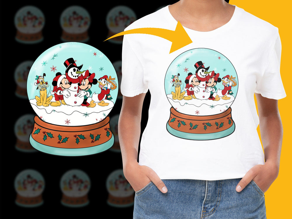 Kids White T-Shirt with Cartoon Snow Globe Graphic, Cute Family Holiday Tee, Unisex Children's Apparel