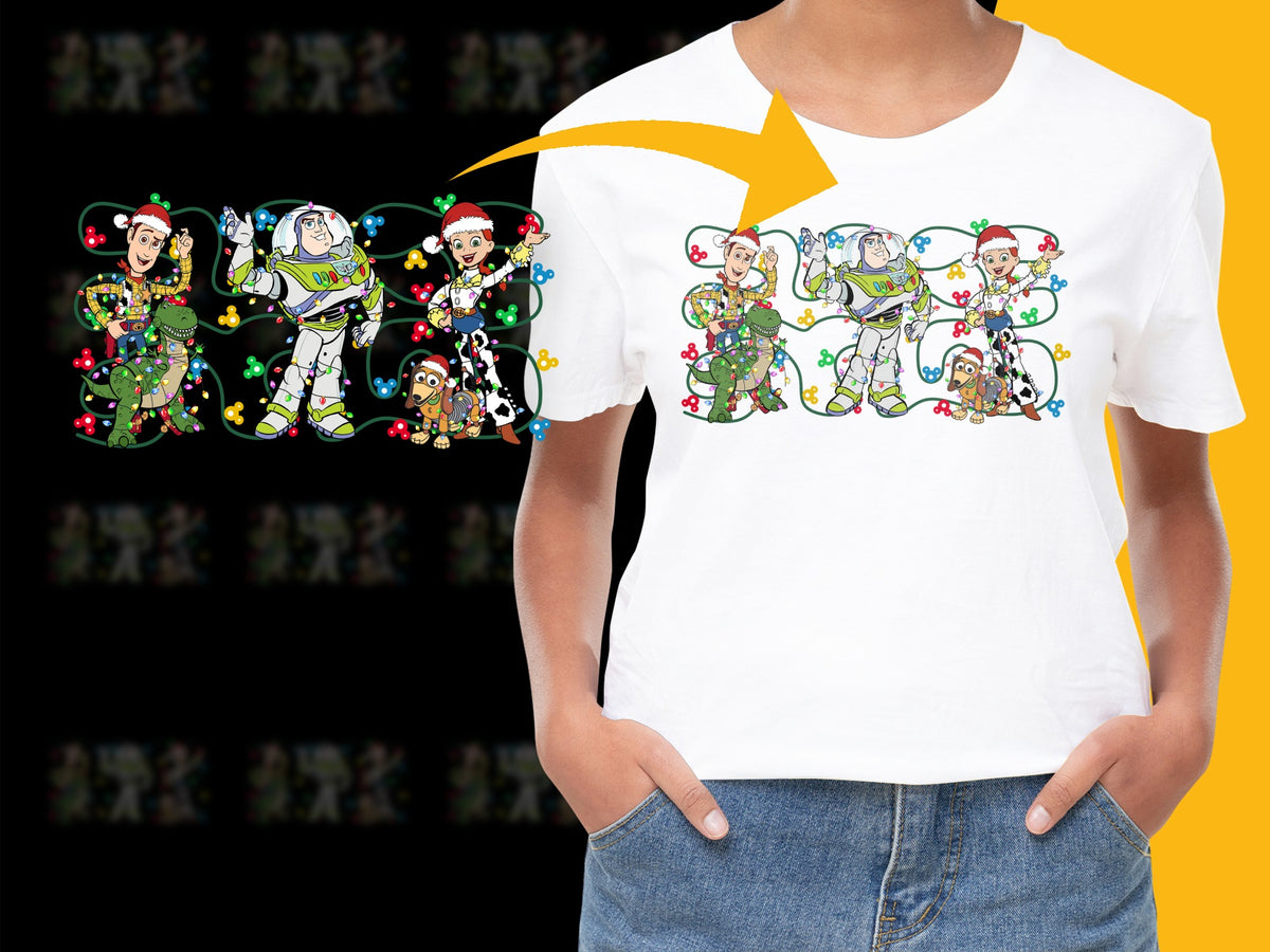 Festive Holiday T-Shirt with Colorful Cartoon Characters, Christmas Lights Graphic Tee, Unisex Kids and Adult Sizes