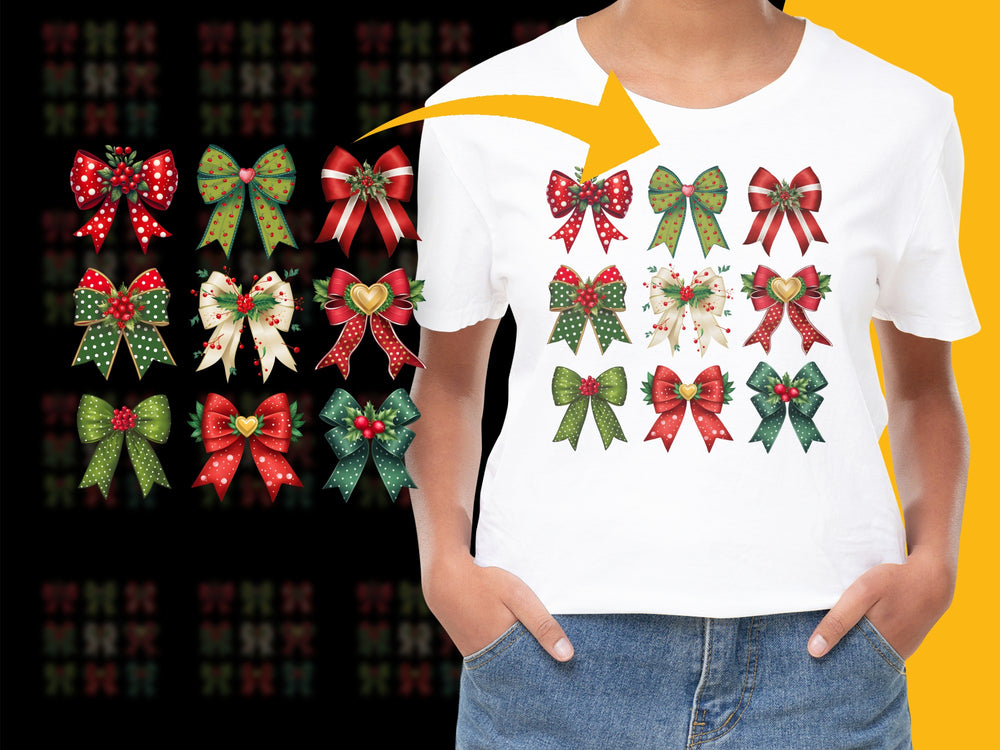Festive Holiday Bow Print T-Shirt, Colorful Christmas Ribbon Graphic Tee, Unisex Casual Holiday Apparel