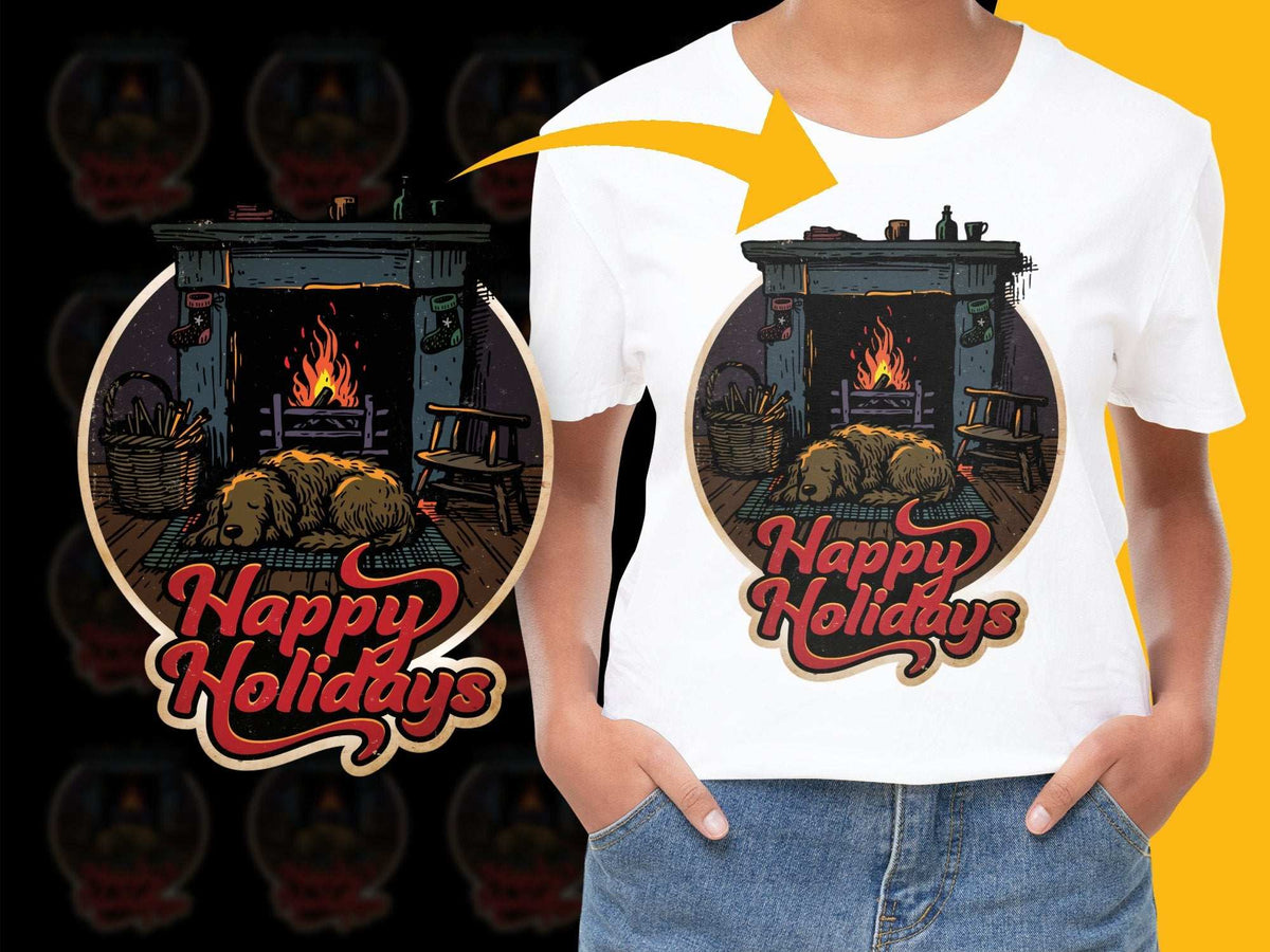 Happy Holidays Fireplace Graphic T-Shirt, Vintage Style Cozy Winter Tee, Festive Season Apparel