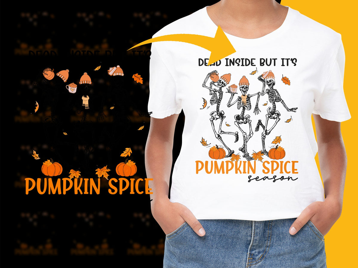 Halloween Pumpkin Spice T-Shirt, Dead Inside Skeleton Graphic Tee, Fall Season Casual Wear