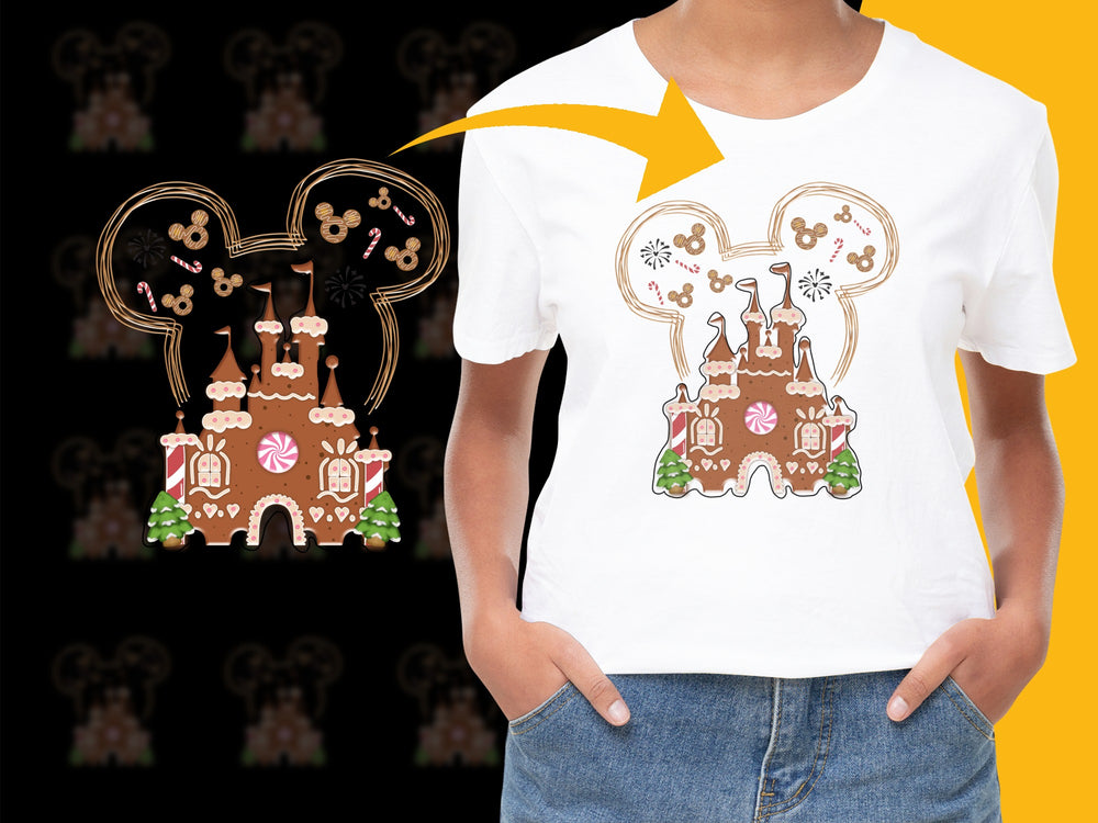 Women's White T-Shirt with Unique Gingerbread Castle Graphic, Stylish Casual Wear