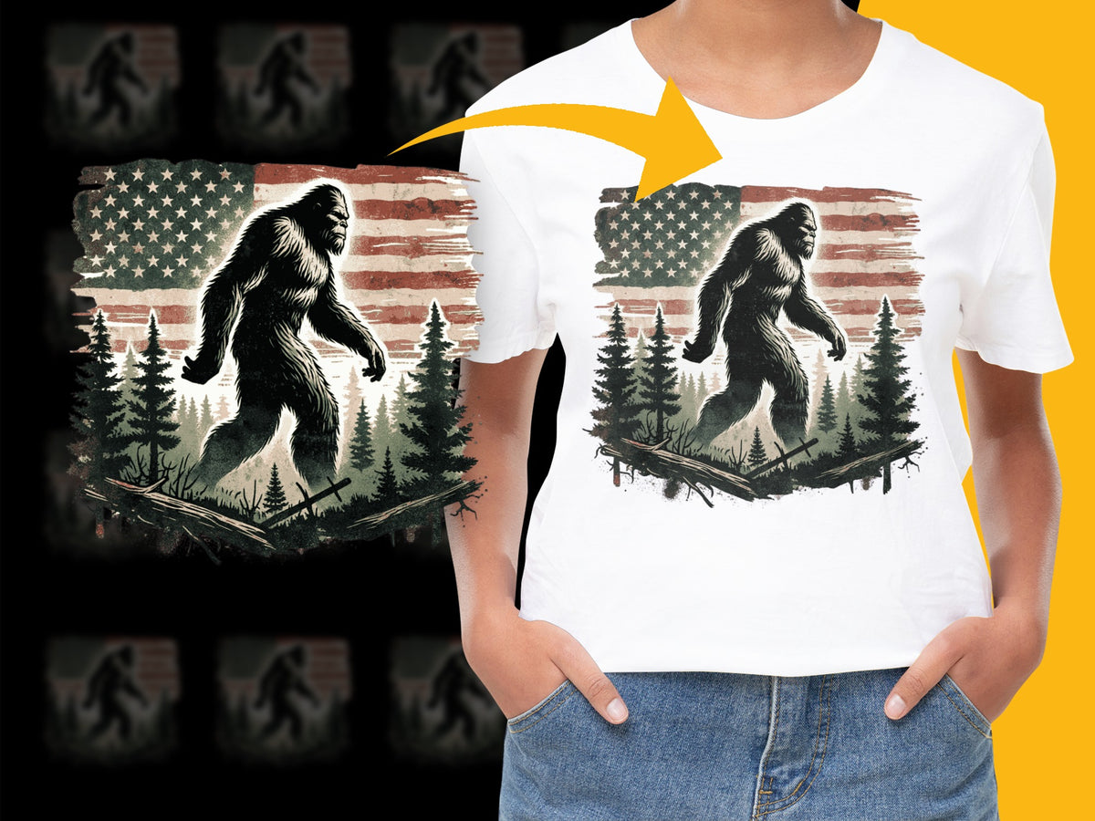Bigfoot American Flag Graphic T-Shirt, Patriotic Sasquatch Silhouette Tee, Unisex Wilderness Adventure Shirt
