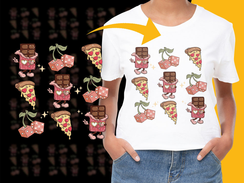 Cute Pizza and Chocolate Character T-Shirt, Fun Foodie Graphic Tee, Casual Streetwear, Unisex Fashion Top