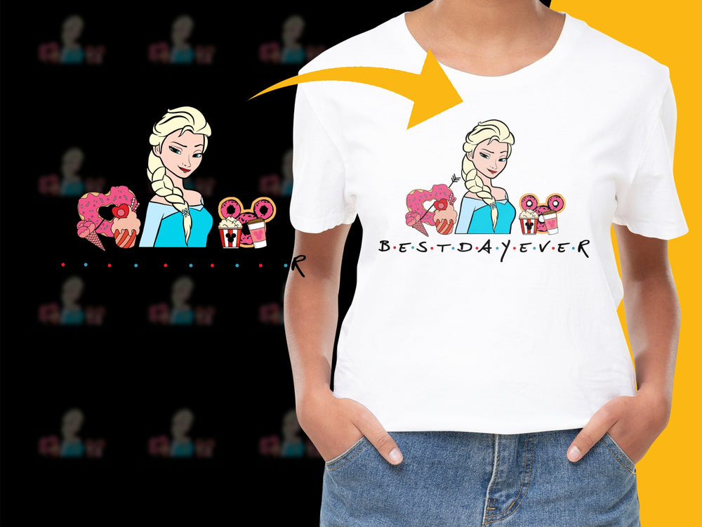 Women's White T-Shirt Featuring Cartoon Princess, Floral Graphics, Best Day Ever Motif