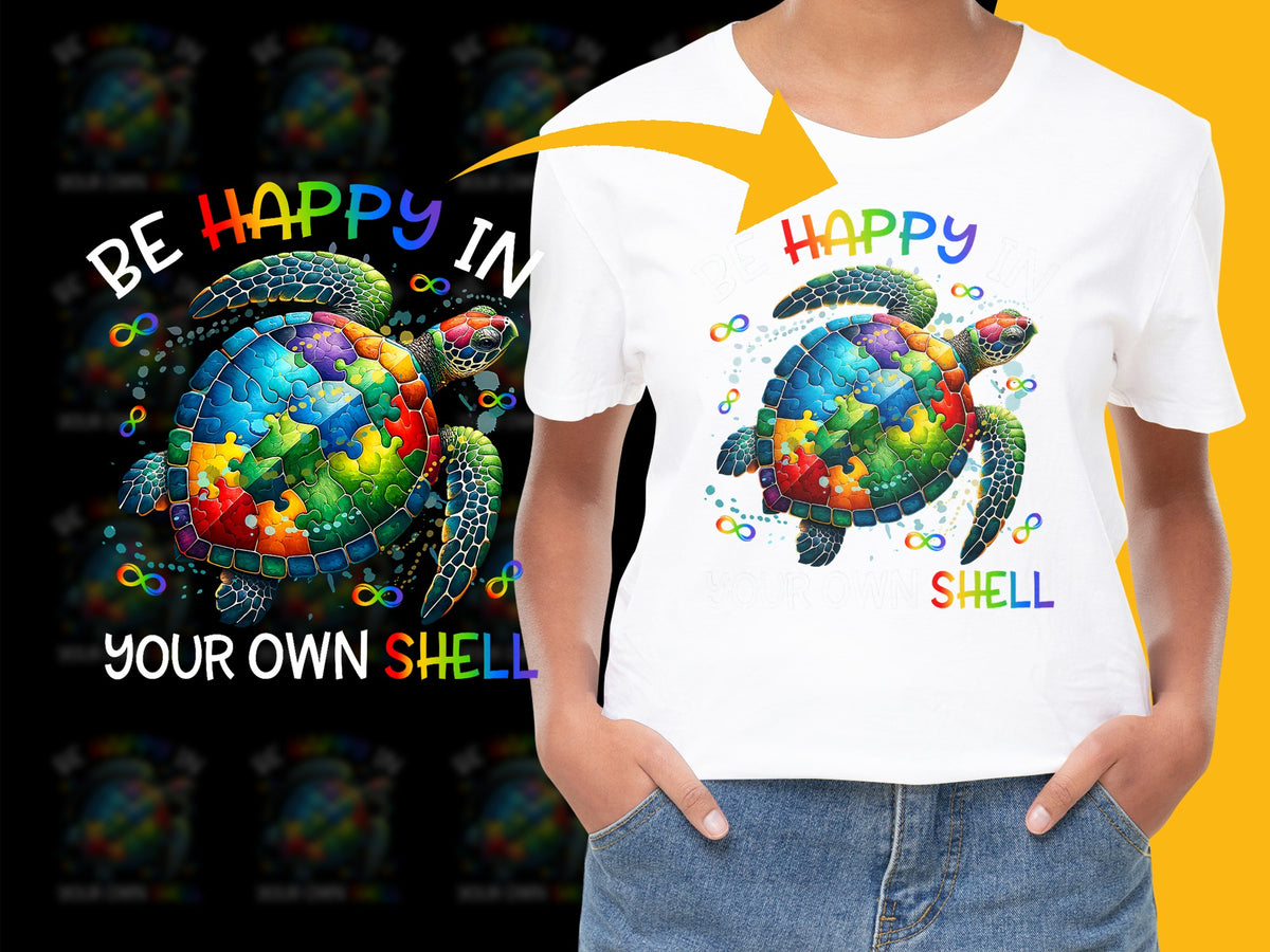 Colorful Turtle Graphic T-Shirt, Be Happy in Your Own Shell, Inspirational Quote Tee, Unisex Kids and Adults