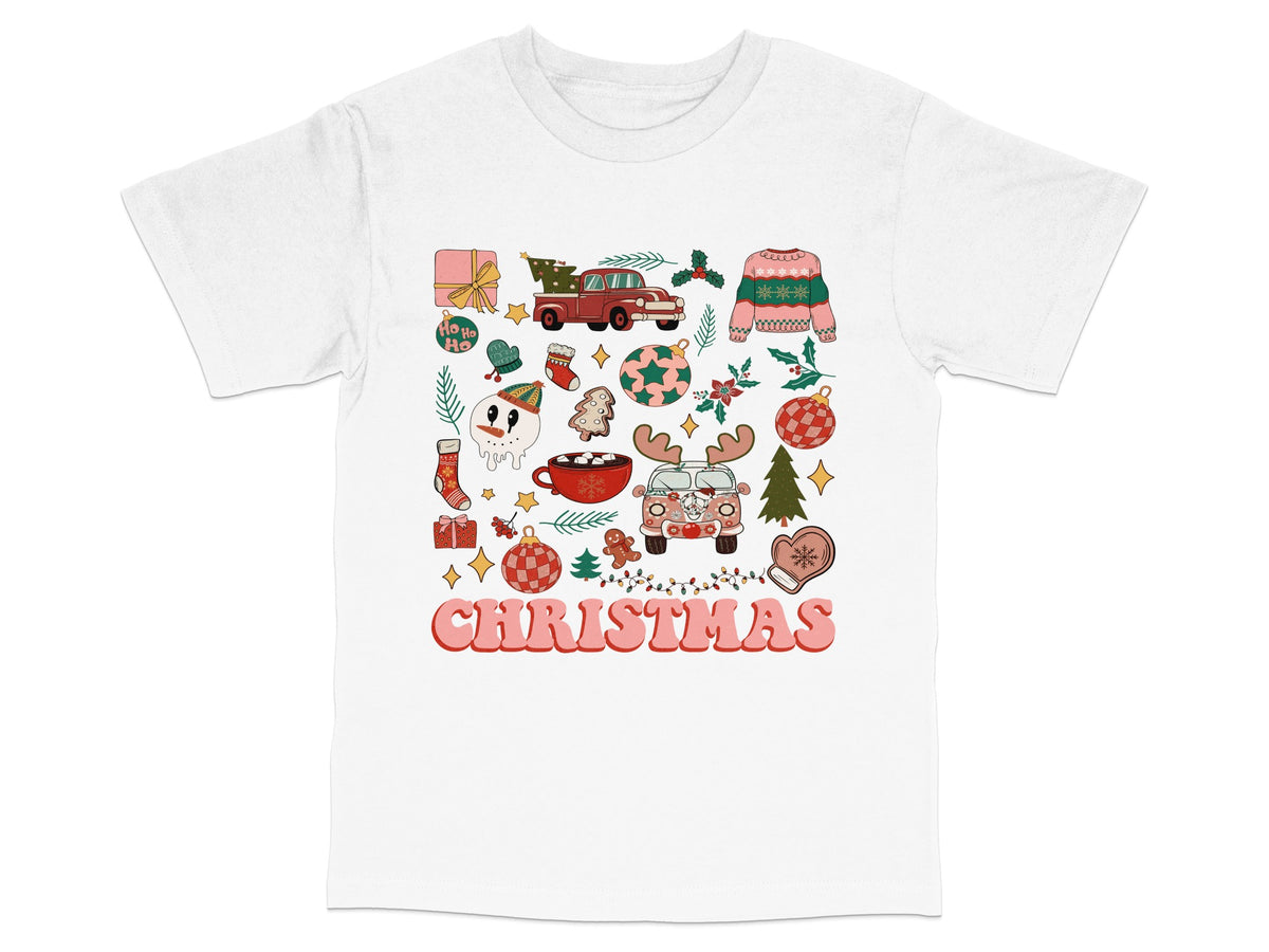 Christmas Themed T-Shirt, Holiday Graphic Tee with Colorful Festive Designs, Unisex Gift Idea