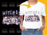 Load image into Gallery viewer, Witch Cartoon Halloween T-Shirt, Fun Witches Design, Graphic Tee for Women, Trendy Spooky Apparel, Colorful Witchcraft Top.