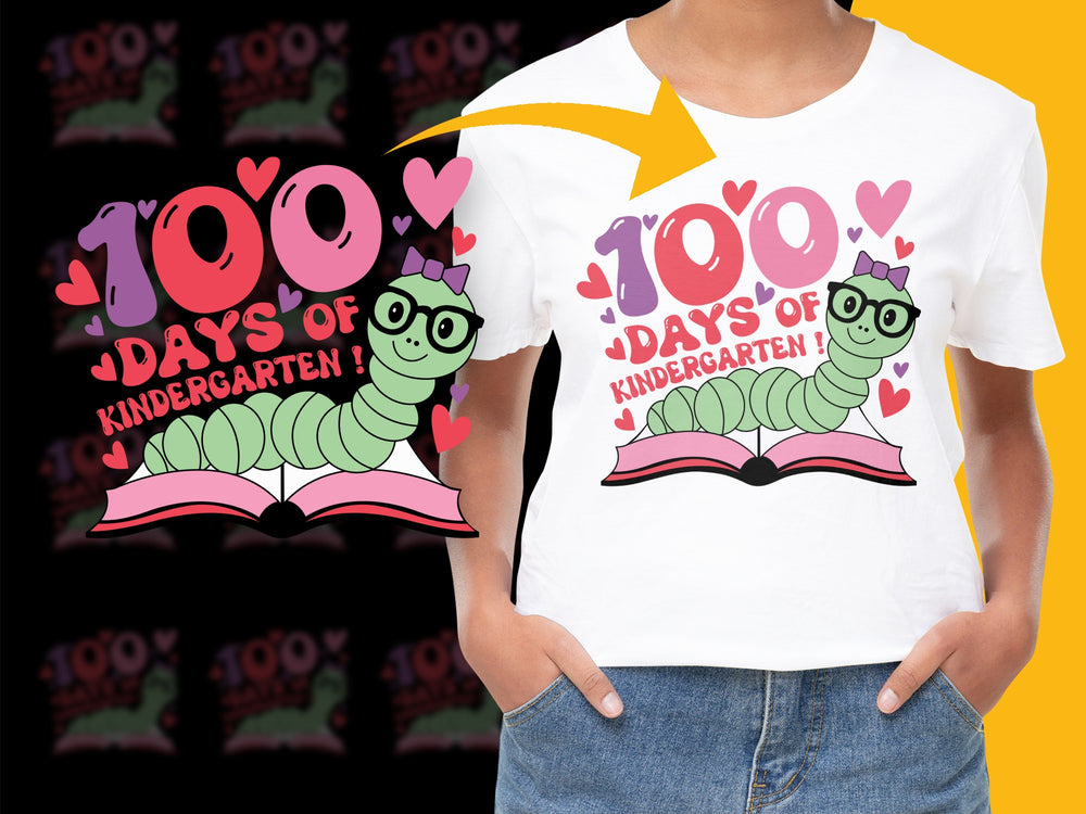 '100 Days of Kindergarten' T-Shirt, Cute Worm Design, Celebratory Kids Tee, Colorful Graphic Shirt for Children