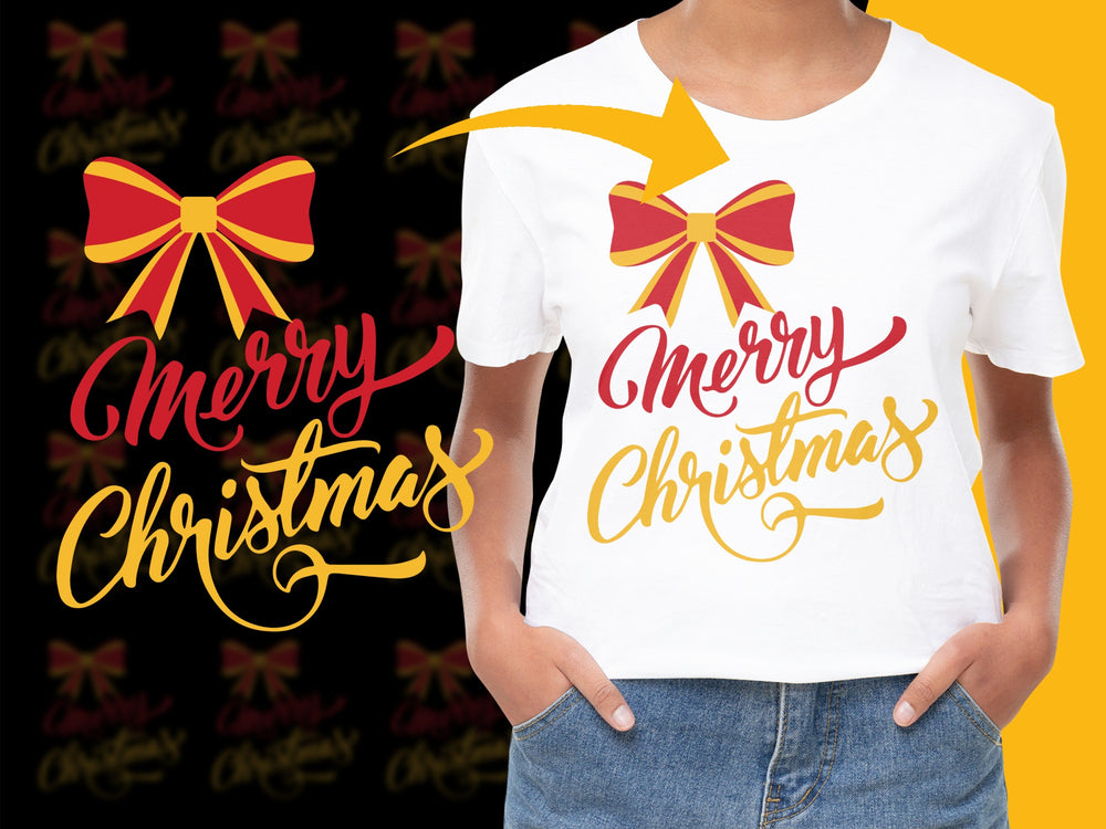 Festive Merry Christmas T-Shirt, Holiday Red Bow Graphic Tee, Women's Casual Holiday Apparel, Yuletide Gift Idea
