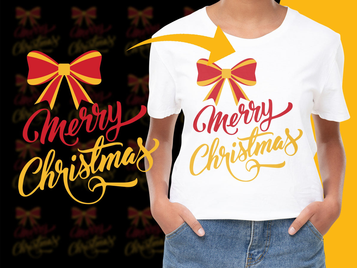 Festive Merry Christmas T-Shirt, Holiday Red Bow Graphic Tee, Women's Casual Holiday Apparel, Yuletide Gift Idea