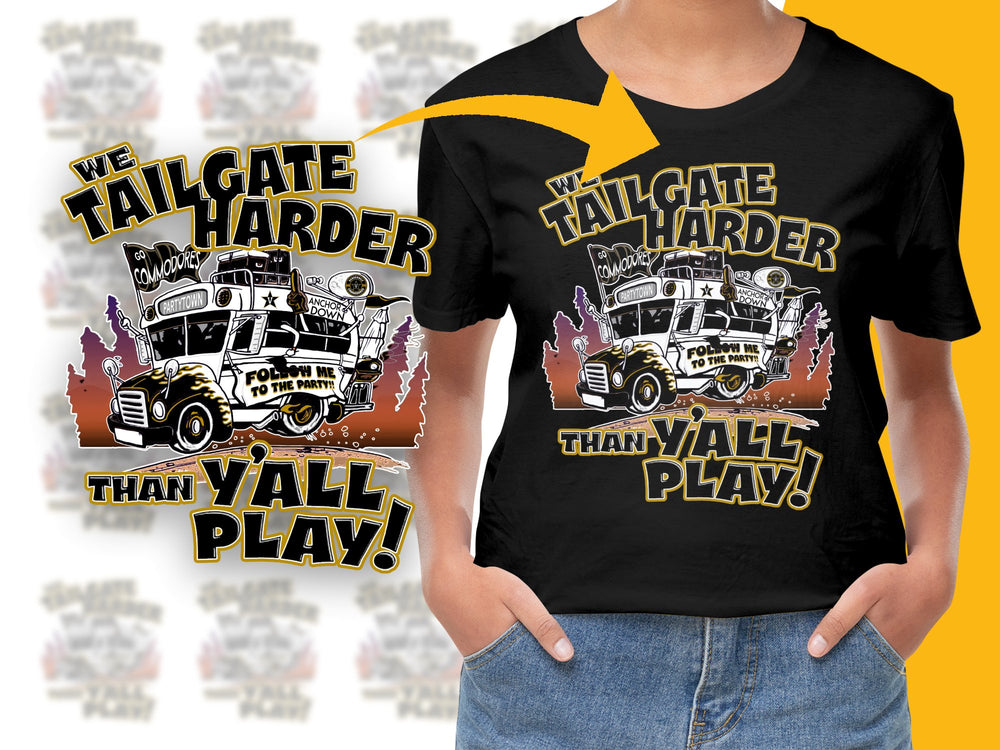 Tailgate Harder Than Y'all Play T-Shirt, Vintage Truck Graphic Tee, Sports Fan Casual Wear, Bold Lettering Unisex Shirt