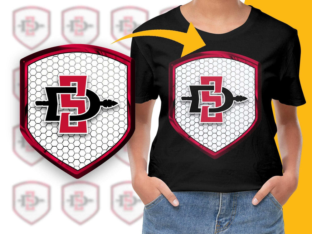 San Diego State University Logo T-Shirt, Hexagon Pattern, Bold Red and Black Graphic Tee, Casual Wear, Unisex Shirt Sizes