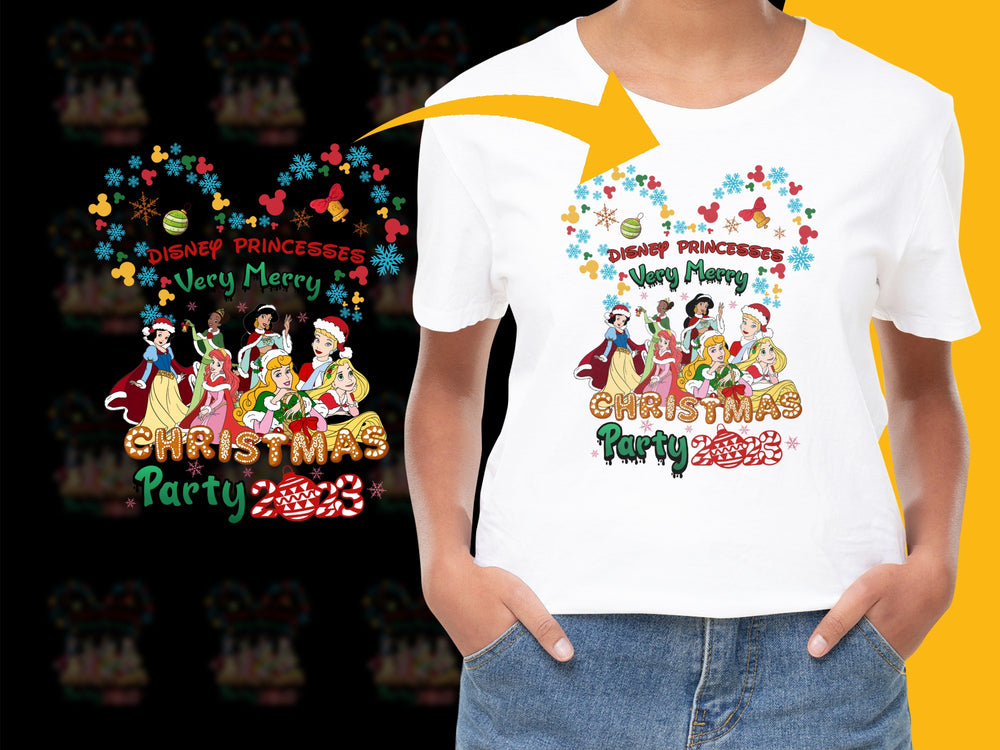 Disney Princesses Christmas Party T-Shirt, Very Merry Xmas Holiday Tee for Kids and Adults