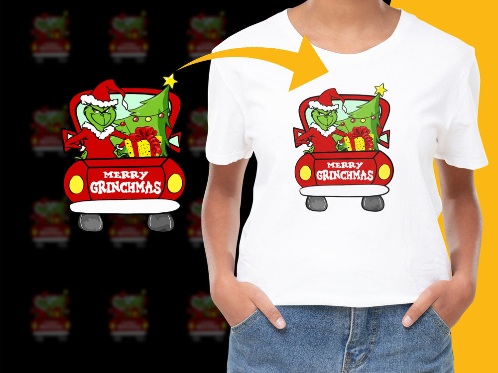 Kids Merry Grinchmas T-Shirt, Funny Christmas, Holiday Graphic Tee, Festive Red Truck Design