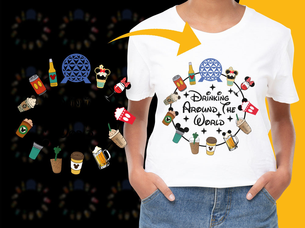 Drinking Around the World T-Shirt, Unisex Travel Theme Graphic Tee, Fun Party Shirt, Gift for Travelers, International Beverage Icons
