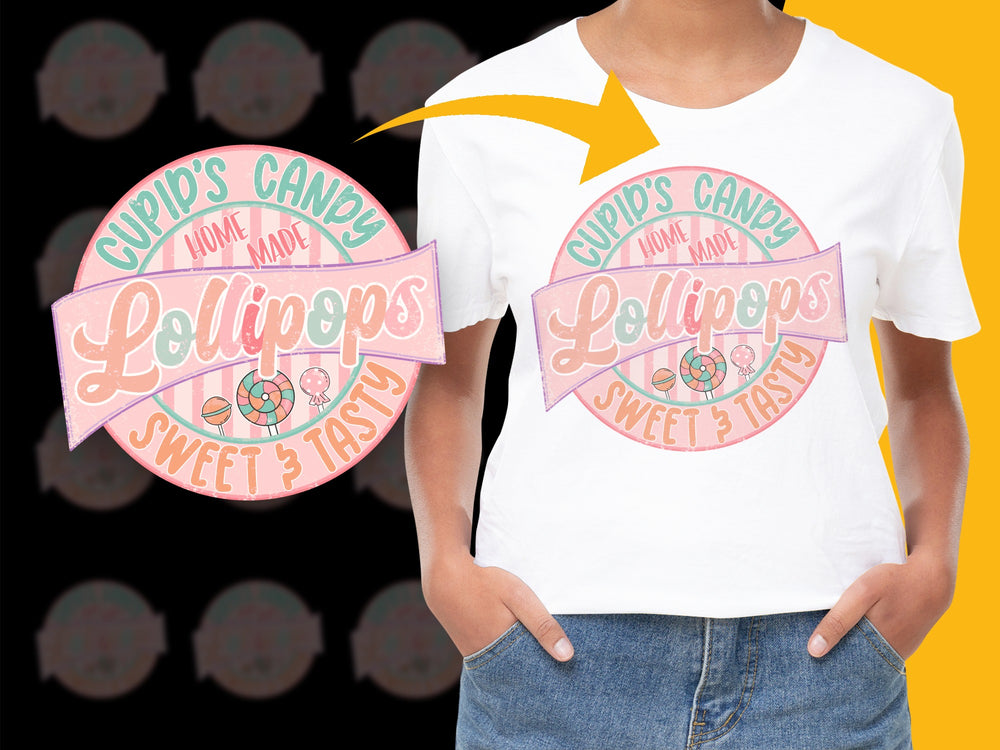Vintage Style Cupid's Candy Homemade Lollipops T-Shirt, Retro Sweet Treat Graphic Tee, Unique Candy Lover Gift Idea