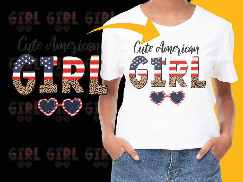 Cute American Girl T-Shirt, Patriotic USA Flag Design, Stylish Kids' Fashion Top, Graphic Tee for Girls