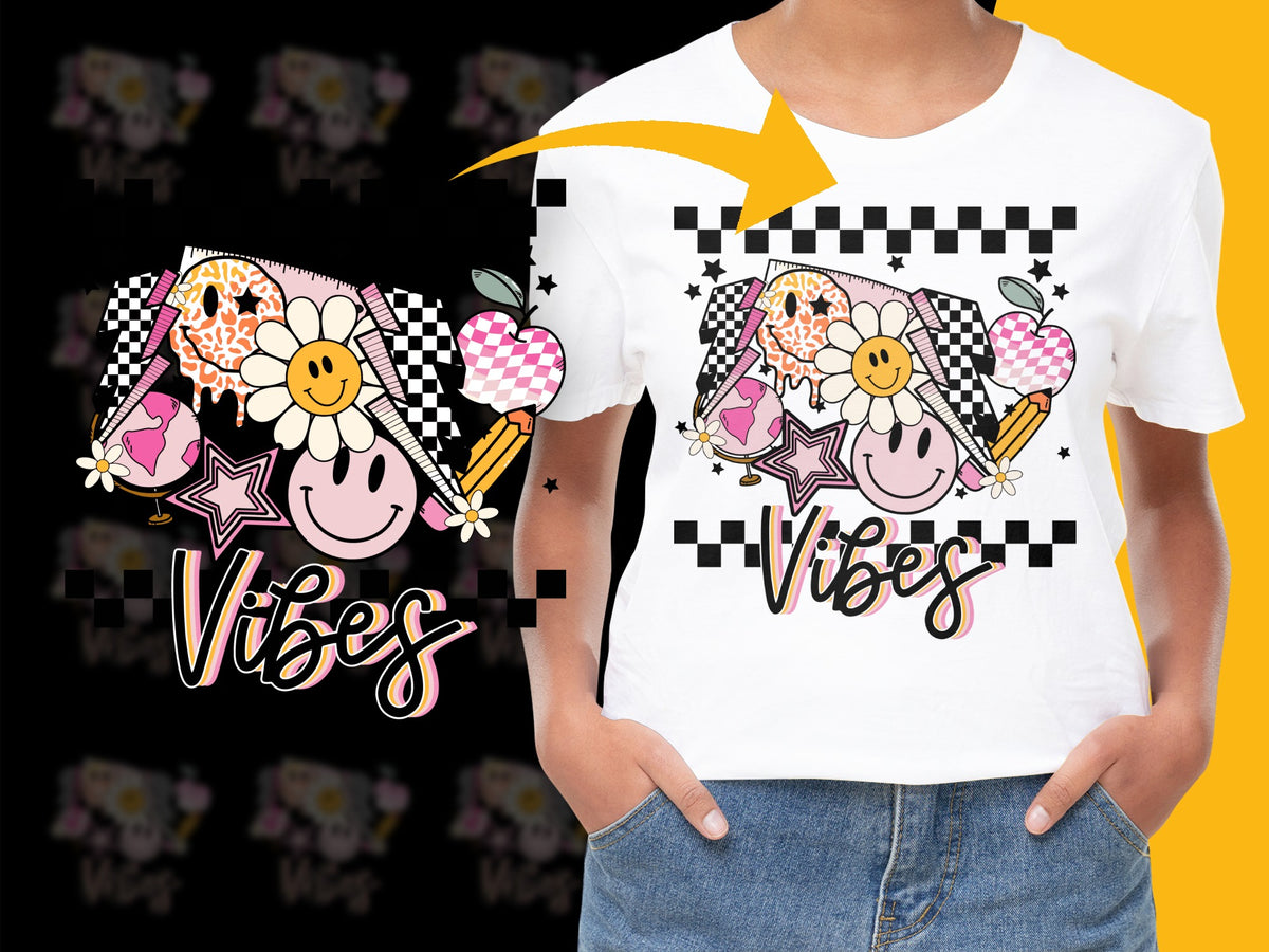 Trendy Graphic T-Shirt with Cute Animals, Stars, Ice Cream, Checkerboard Design, Vibrant Vibes Tee