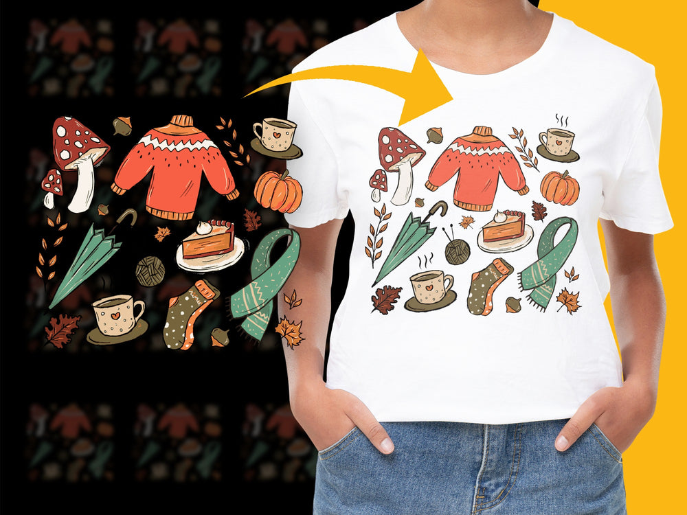 Autumn Season White T-Shirt, Cozy Fall Graphic Tee, Pumpkin, Leaves, Sweater Design, Casual Fashion