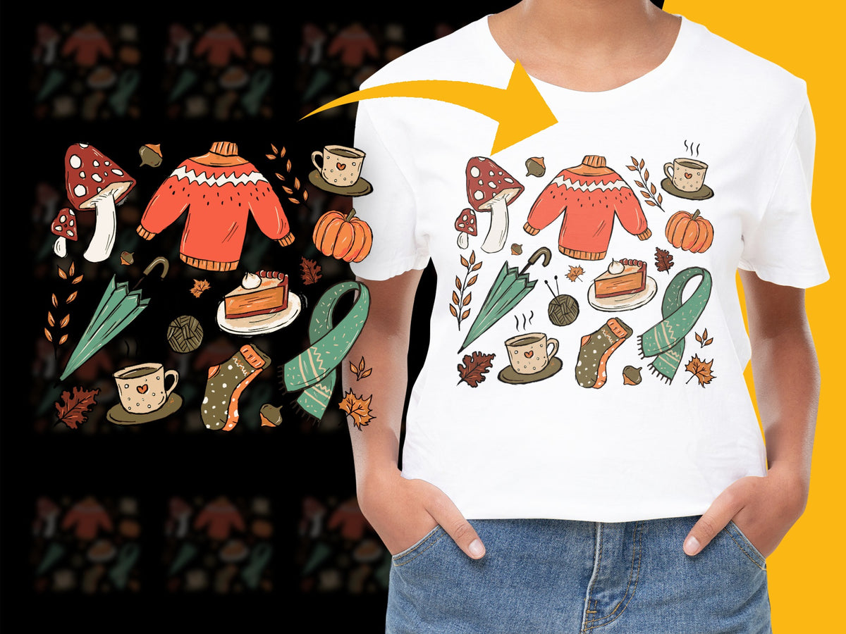 Autumn Season White T-Shirt, Cozy Fall Graphic Tee, Pumpkin, Leaves, Sweater Design, Casual Fashion