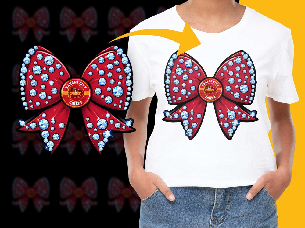 Women's Graphic Tee, Red Bow Design, Sparkling Blue Gems, Casual Fashion Top
