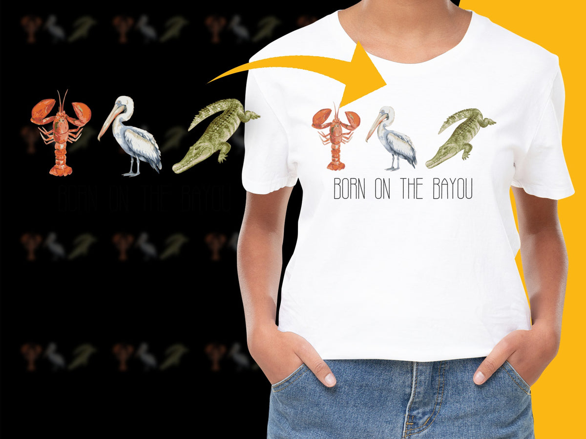 Born on the Bayou T-Shirt, Louisiana Pelican and Crayfish Design, Southern Style Casual Wear