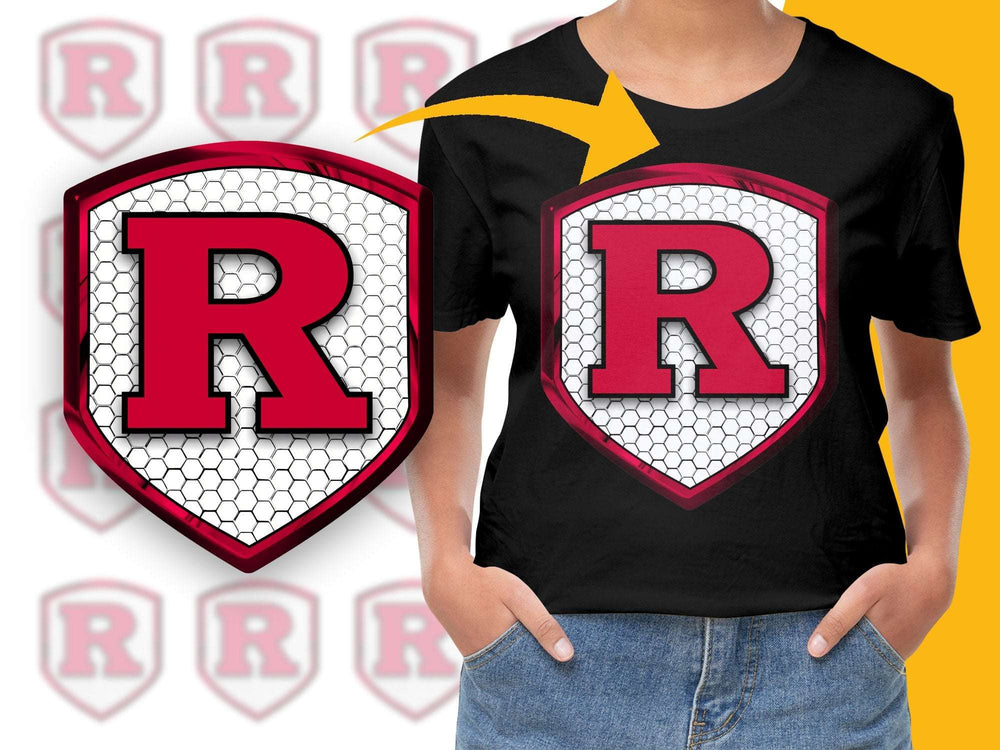 Youth Black T-Shirt with Red R Logo, Hexagon Pattern, Boys Girls Casual Tee