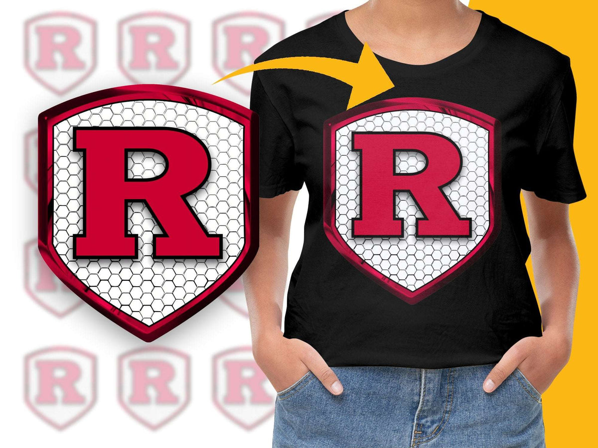 Youth Black T-Shirt with Red R Logo, Hexagon Pattern, Boys Girls Casual Tee