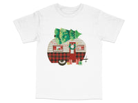 Load image into Gallery viewer, Christmas Camper T-Shirt, Holiday Graphic Tee, Retro Trailer with Trees, Festive Winter Apparel, Unisex Gift Idea
