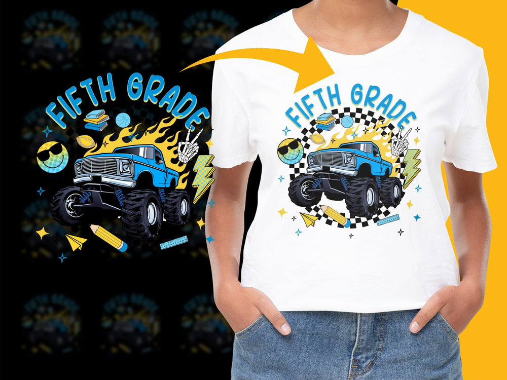 Fifth Grade Monster Truck T-Shirt, Boys School Graphic Tee, Kids Blue Truck Shirt, Youth Trendy Tops, Back To School Outfit