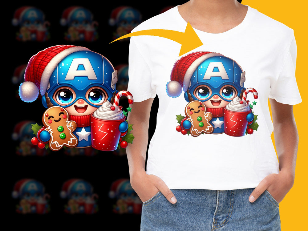 Cute Christmas T-Shirt with Cartoon Santa Cap and Hot Cocoa Design, Holiday Apparel for Kids and Adults