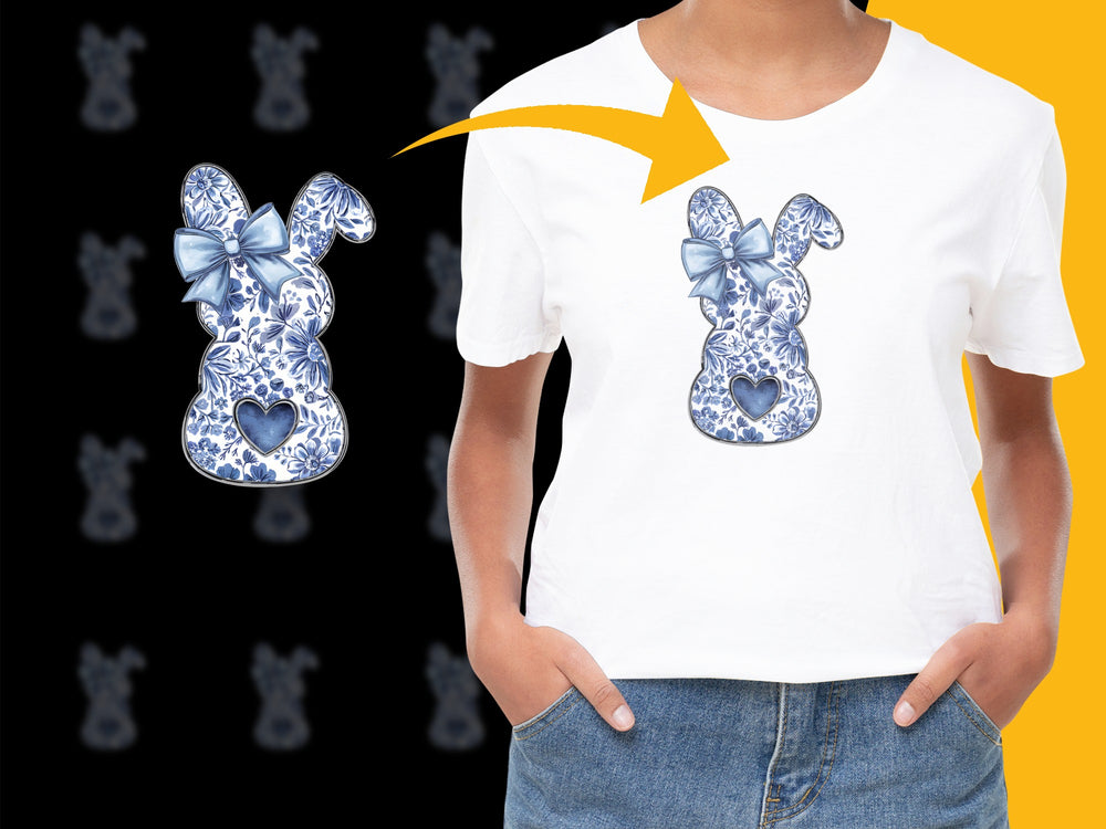 Women's White T-Shirt with Blue Floral Bunny Design, Cute Rabbit Graphic Tee