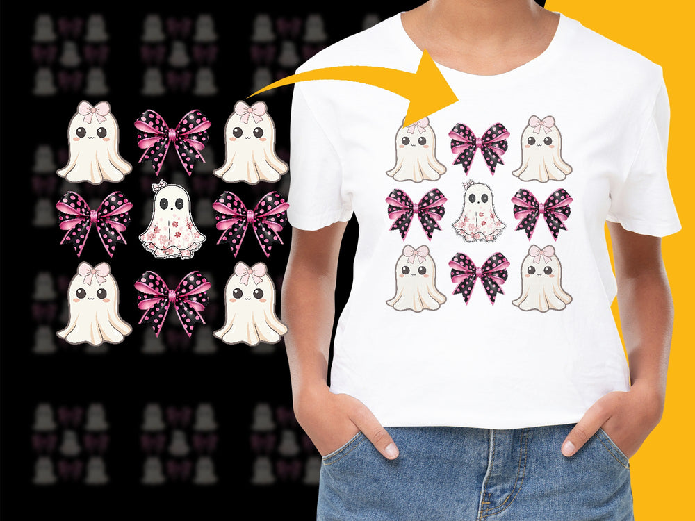 Cute Ghost Dog T-Shirt, Pink Bow Adorable Puppy Graphic Tee, Kids White Halloween Shirt