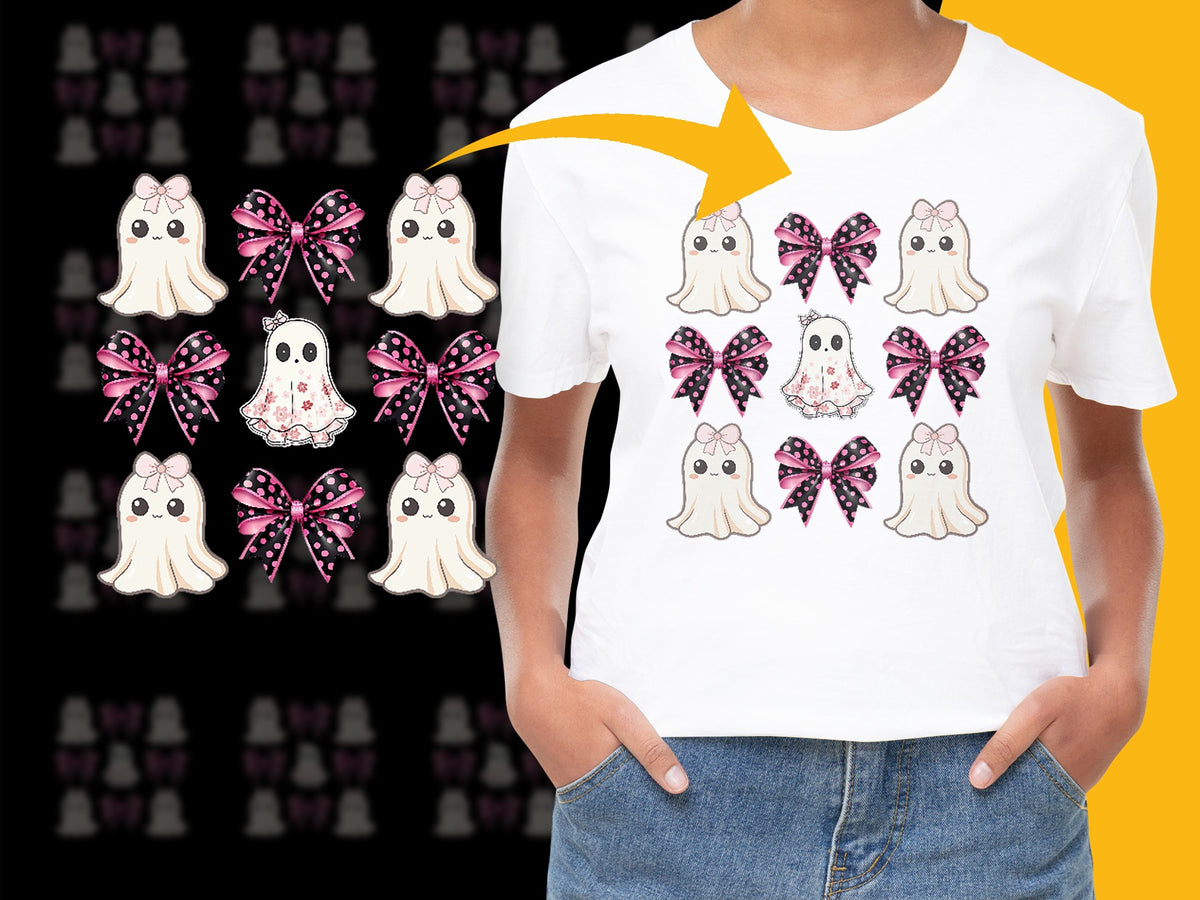 Cute Ghost Dog T-Shirt, Pink Bow Adorable Puppy Graphic Tee, Kids White Halloween Shirt