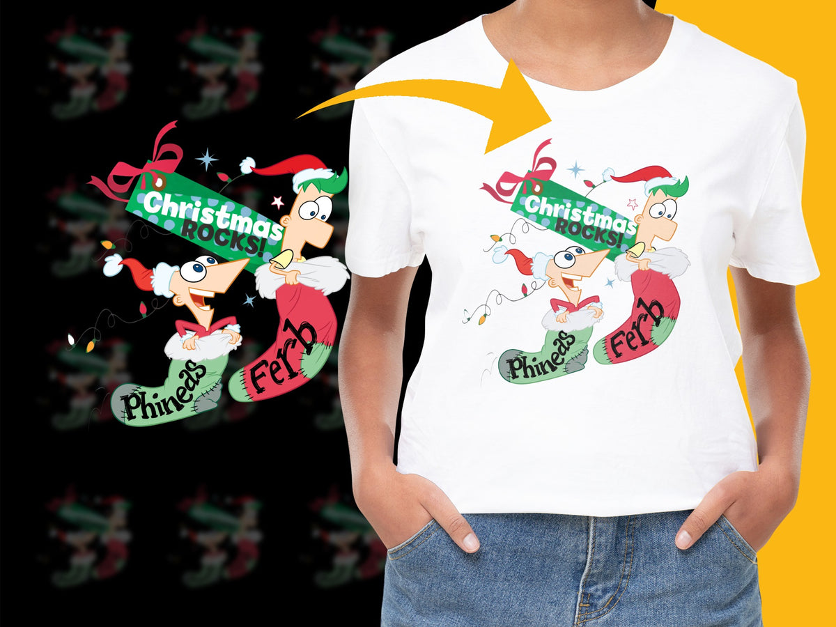 Festive Christmas T-Shirt with Cartoon Characters, Phineas and Ferb Graphic Tee, Holiday Apparel for Kids and Adults