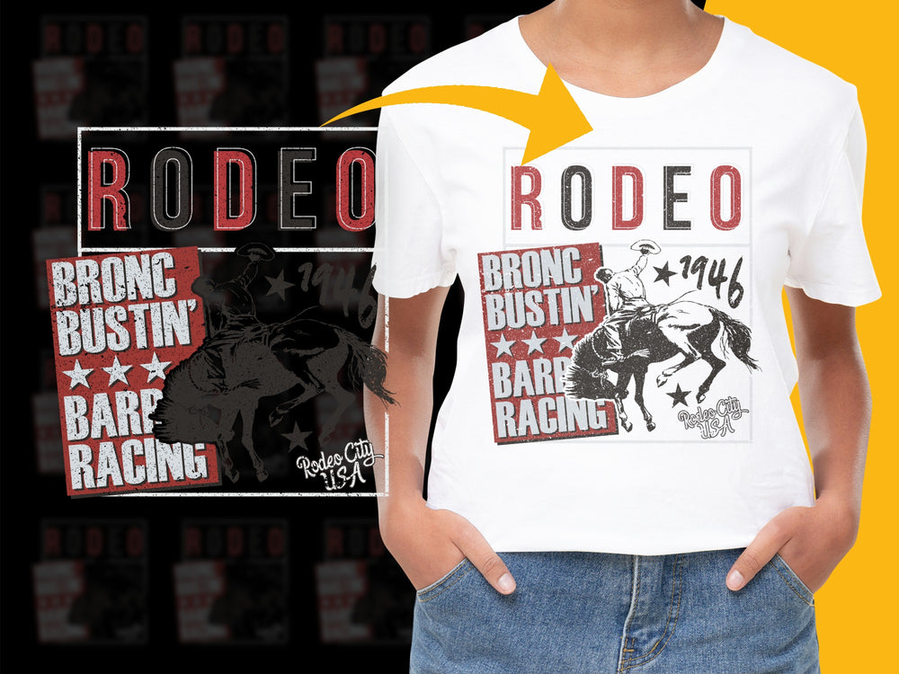 Rodeo Themed T-Shirt Vintage Bronc Bustin' Barre Racing Print 1946 Cowboy Graphic Tee