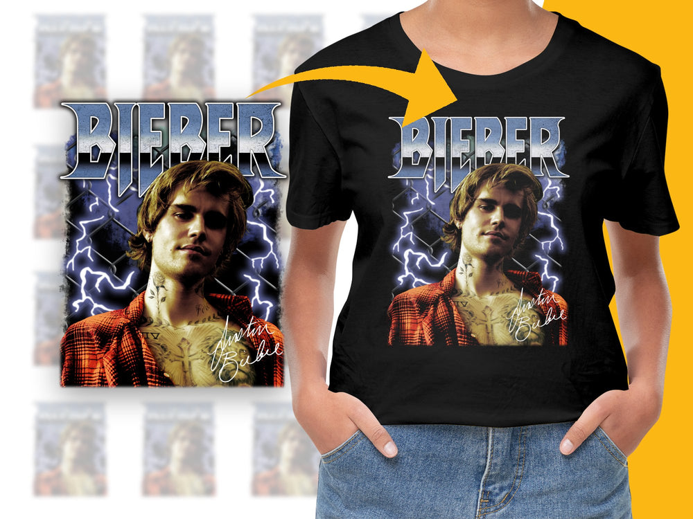 Justin Bieber Graphic T-Shirt, Vintage Style Pop Star Tee, Lightning Effect, Music Fan Apparel
