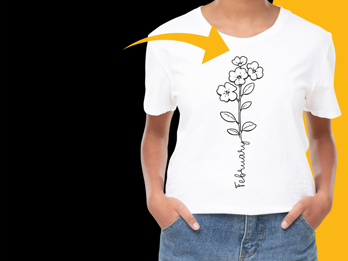 Women's February Flower Graphic T-Shirt, White Cotton Floral Tee, Casual Spring Fashion Top, Unique Botanical Shirt Design