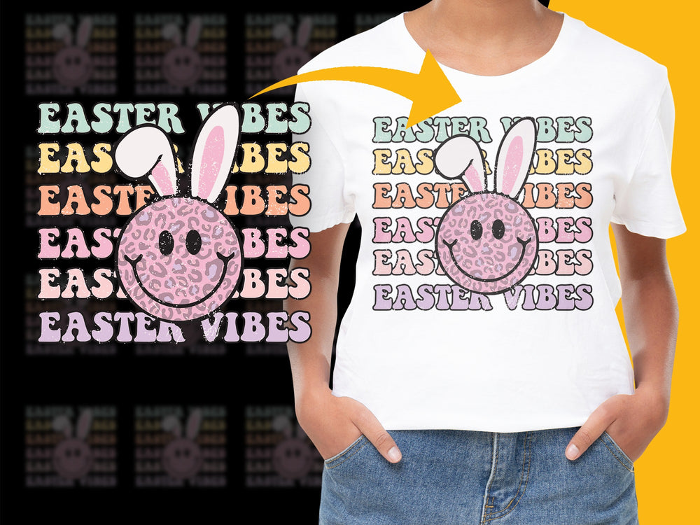 Easter Vibes T-Shirt with Bunny and Leopard Print, Cute Spring Holiday Tee for Women and Girls