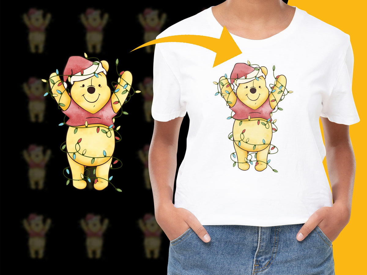 Cute Christmas Bear T-Shirt, Kids Holiday Tee, Festive Cartoon Bear with Lights Design, Child-Friendly Christmas Apparel