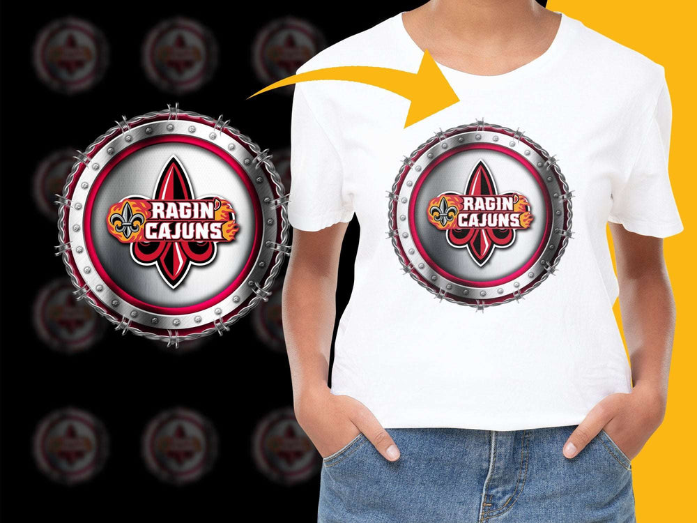 Ragin' Cajuns Logo T-Shirt, University Fan Gear, Red and Black Graphic Tee, Casual Sports Apparel
