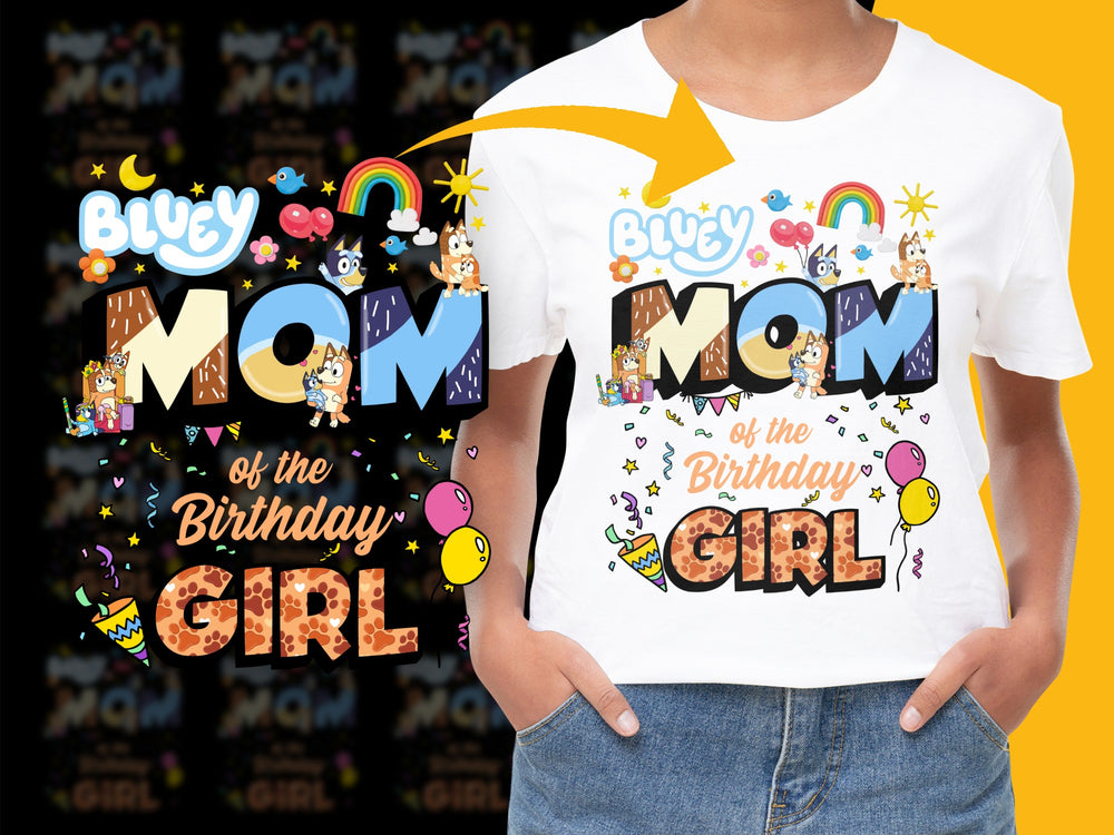 Bluey Mom of the Birthday Girl T-Shirt, Colorful Cartoon Graphic Tee, Family Matching Birthday Party Outfit