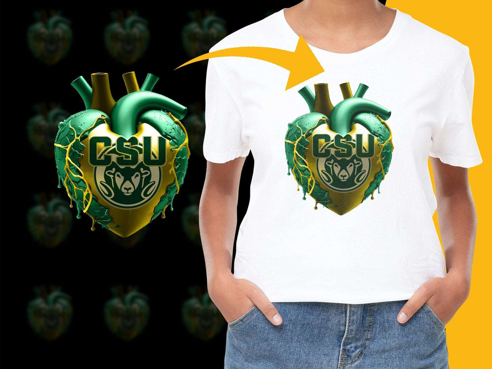 Graphic Heart T-Shirt, Bold Green and Gold Design, Unique Casual Wear, Artistic Print Tee
