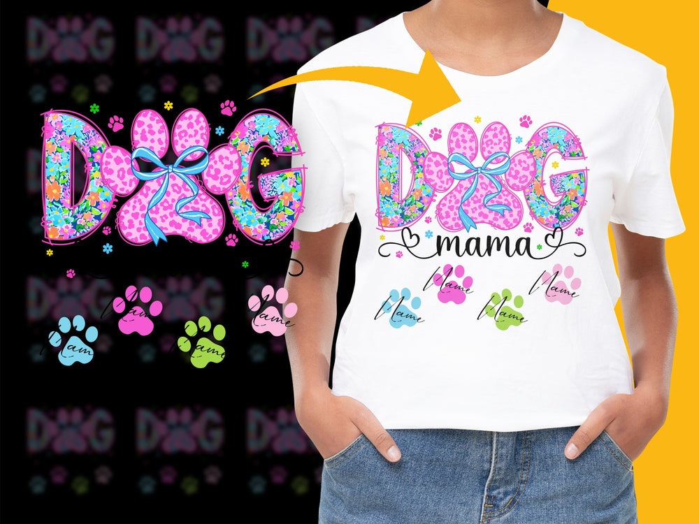 Colorful Dog Mama T-Shirt, Cute Paw Print Graphic Tee, Women's Casual Animal Lover Top