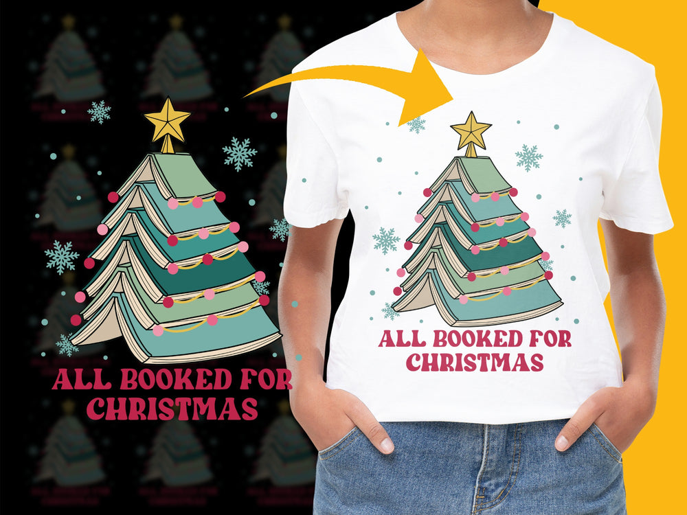 Christmas Tree T-Shirt, Festive Holiday Apparel, All Booked for Christmas, Colorful Graphic Tee, Unisex Gift Idea